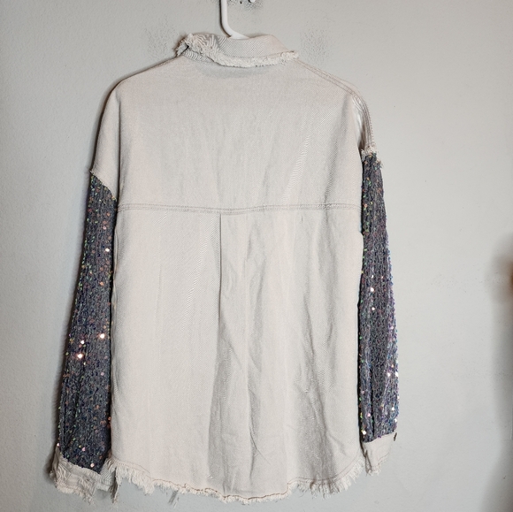 NWT HIMYTHE Beige Oversized Twill Denim Sequin Shacket Sparkle Large - Picture 8 of 17